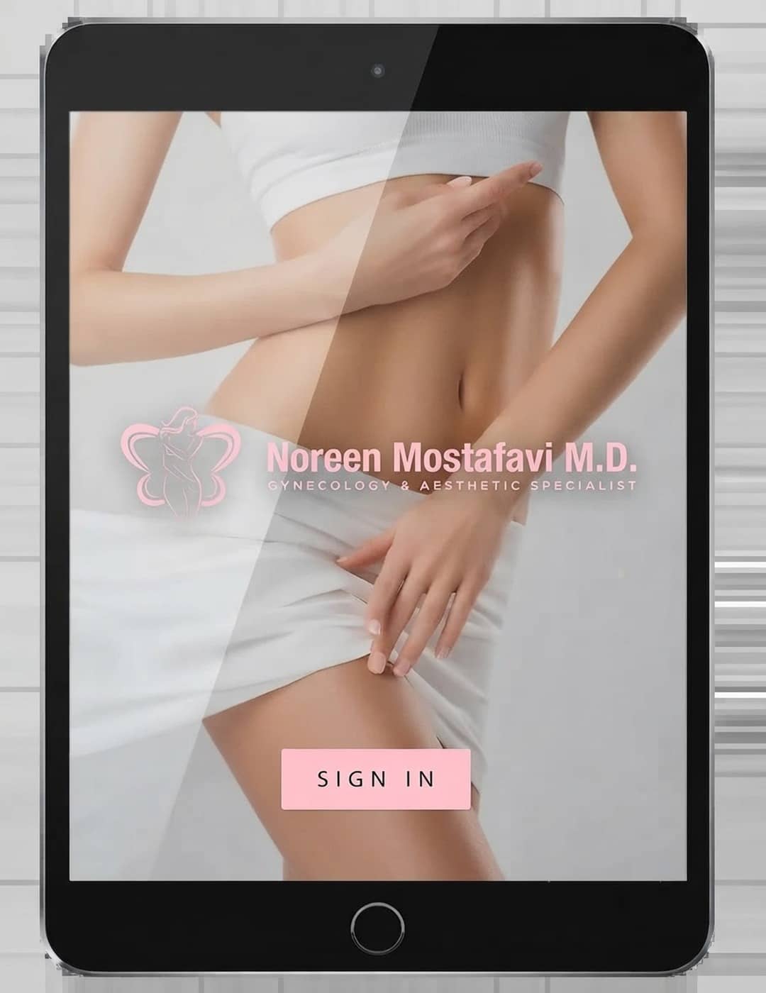 A tablet in the office showing the practice’s patient sign-in screen